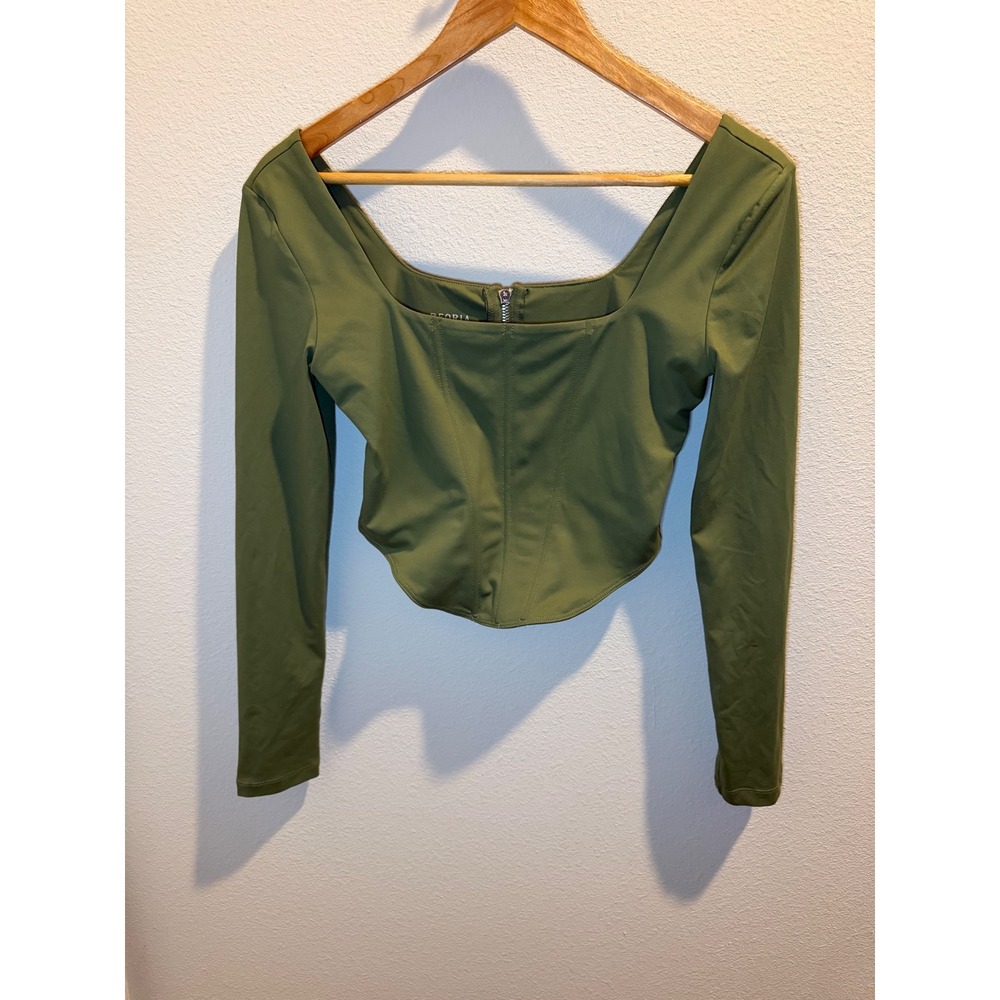 REORIA Olive Green Long Sleeve Corset Top Square Neck Back Zip Blouse Medium
